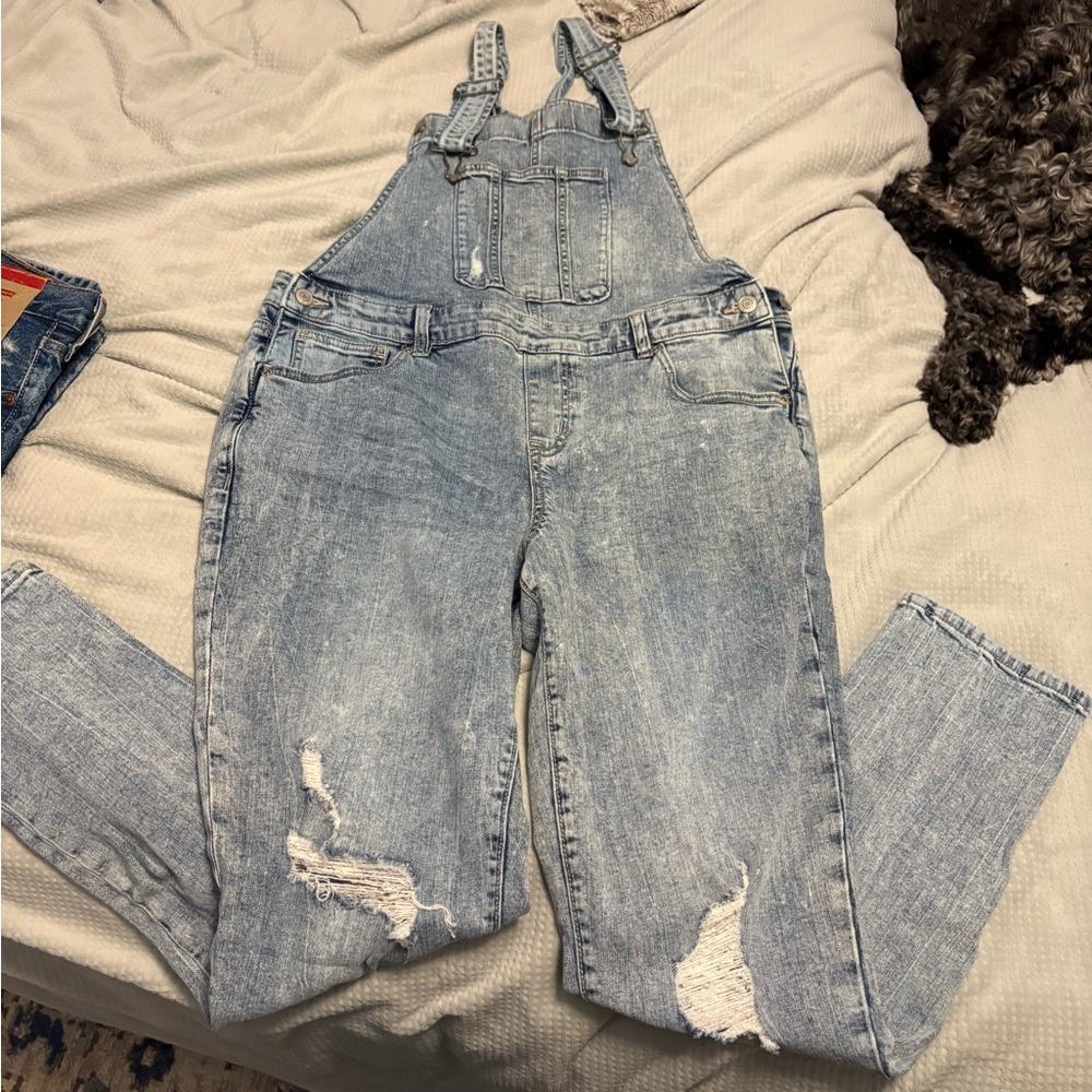 Maurices Light Blue Distressed Denim Overalls